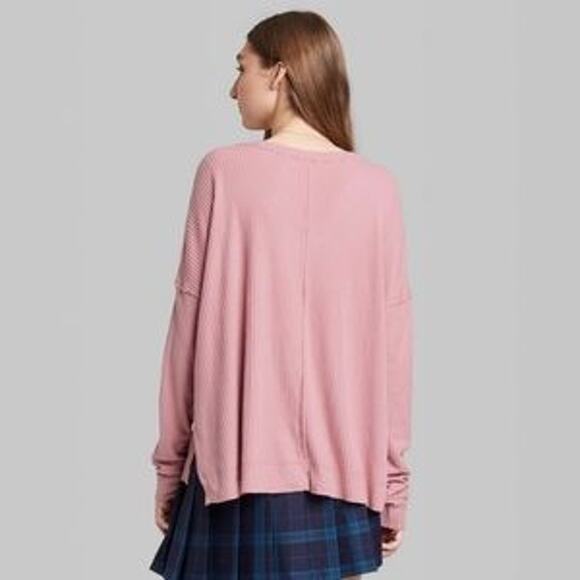 Wild Fable Ribbed Sweater S Oversize Long Sleeve Mauve Pink VNeck Cozy Side Slit - Picture 4 of 9